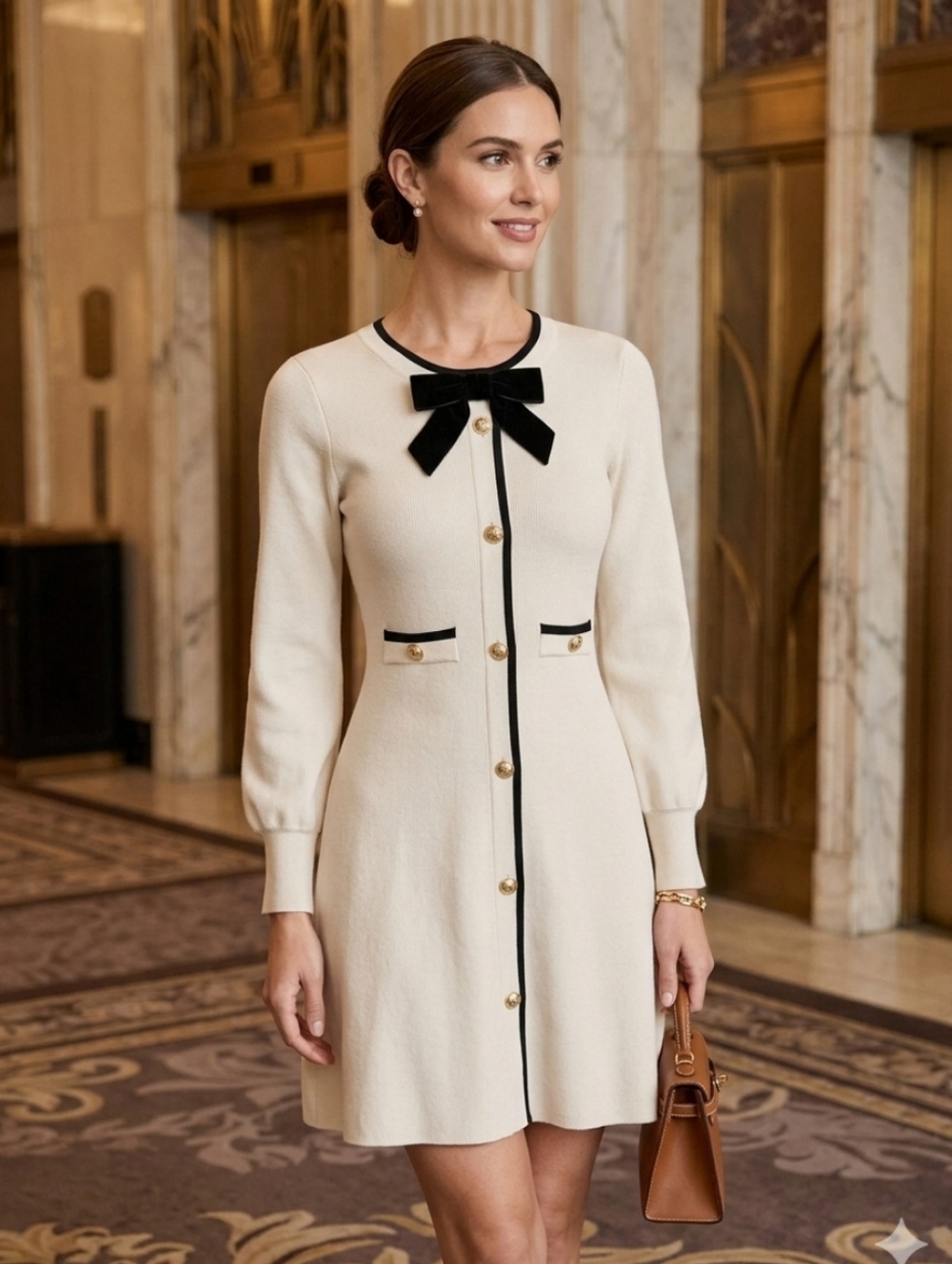 BCX Cream Long-Sleeve Knit Dress with Black Trim & Bow
